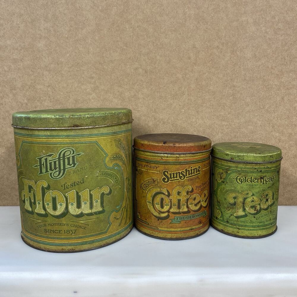 Vtg Ballonoff Nesting Tins Flour Coffee Tea Metal Canisters USA - Distressed